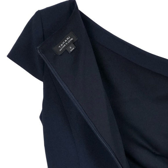 Tahari ASL Navy Asymmetric Collared Sheath Dress 6 - Picture 8 of 16